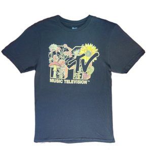 New Men's MTV Vintage 90s Graphic T Shirt Cotton Tee Black Medium Flower NWT
